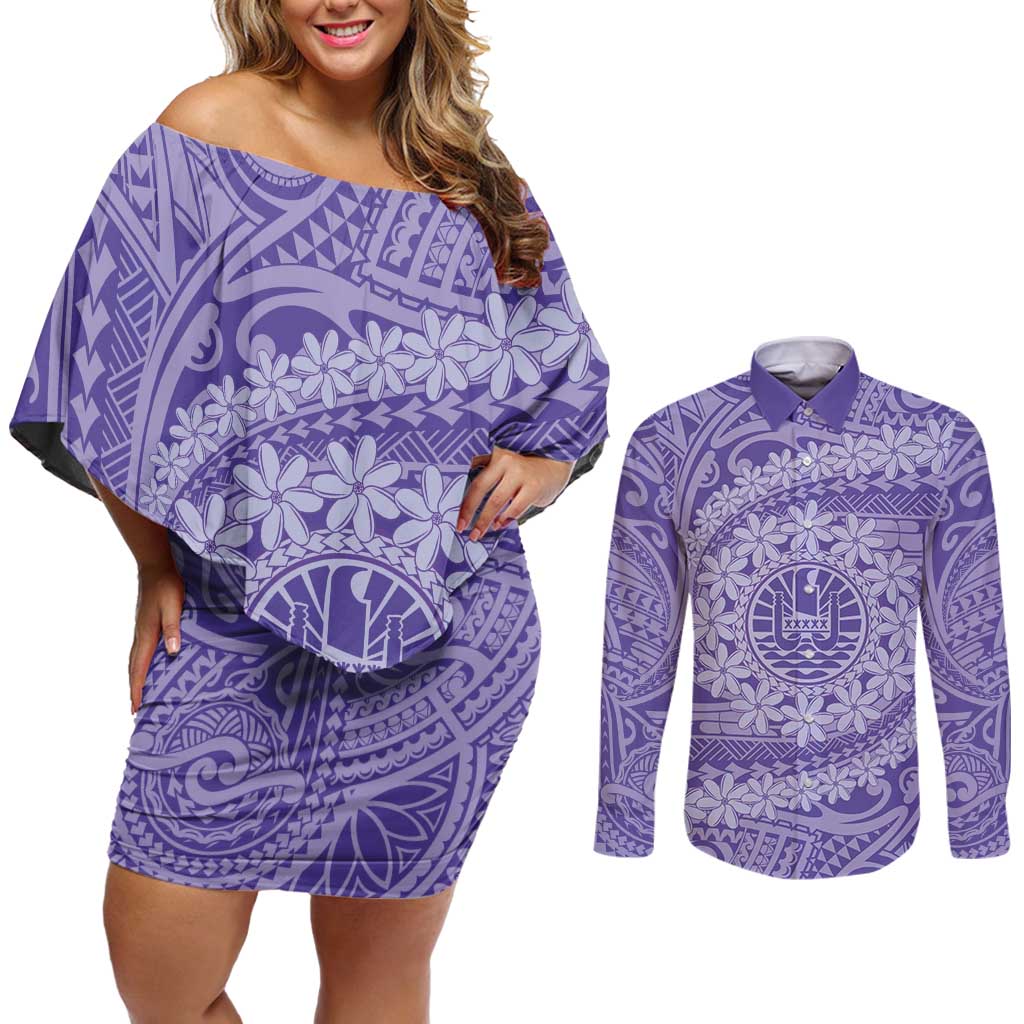Tahitian Tiare Flower Couples Matching Off Shoulder Short Dress and Long Sleeve Button Shirt Violet Polynesian Pattern LT9 Violet - Polynesian Pride