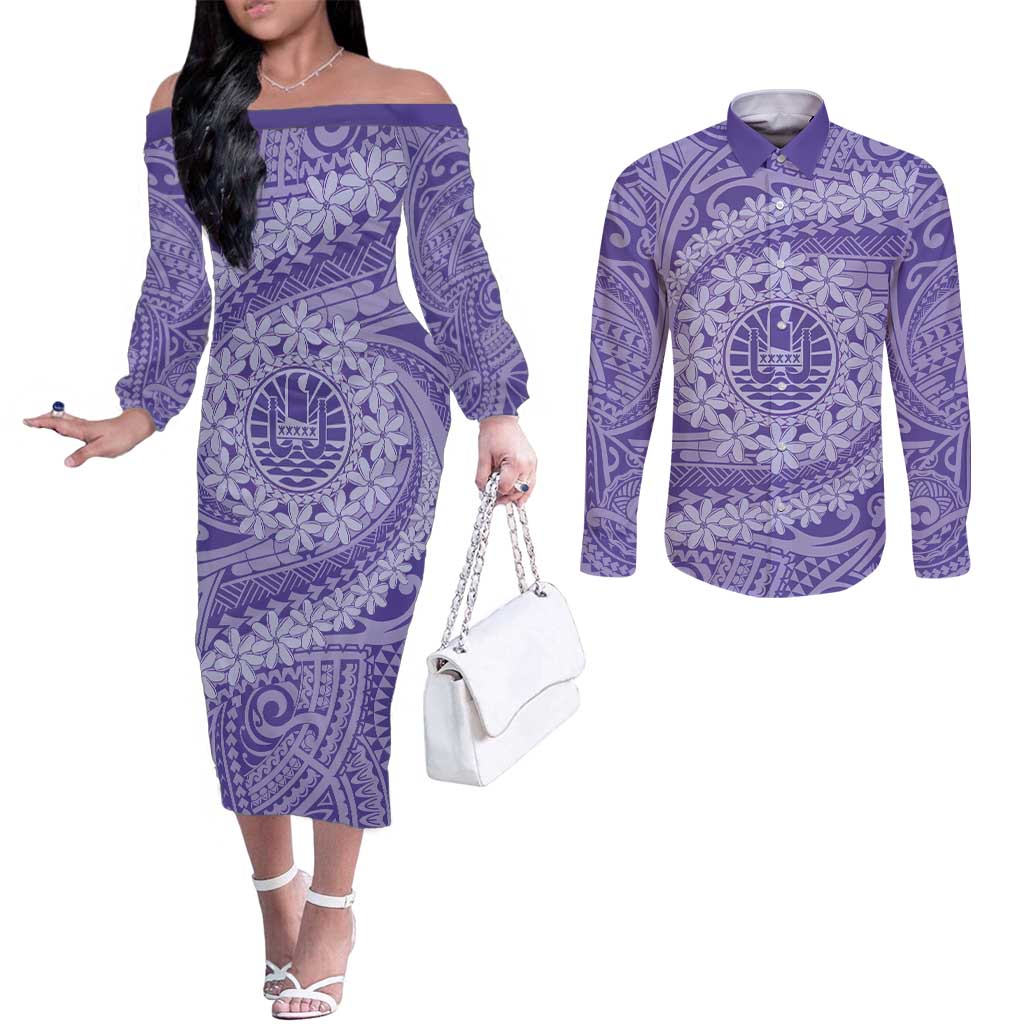 Tahitian Tiare Flower Couples Matching Off The Shoulder Long Sleeve Dress and Long Sleeve Button Shirt Violet Polynesian Pattern LT9 Violet - Polynesian Pride