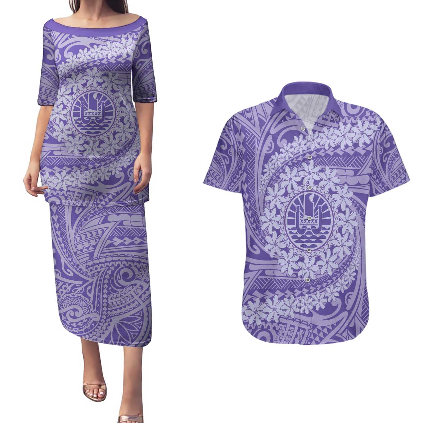 Tahitian Tiare Flower Couples Matching Puletasi and Hawaiian Shirt Violet Polynesian Pattern LT9 Violet - Polynesian Pride