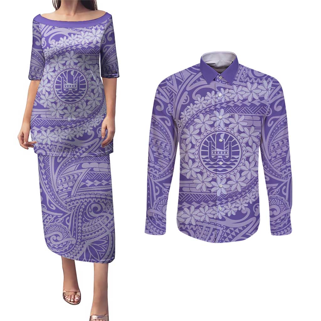 Tahitian Tiare Flower Couples Matching Puletasi and Long Sleeve Button Shirt Violet Polynesian Pattern LT9 Violet - Polynesian Pride