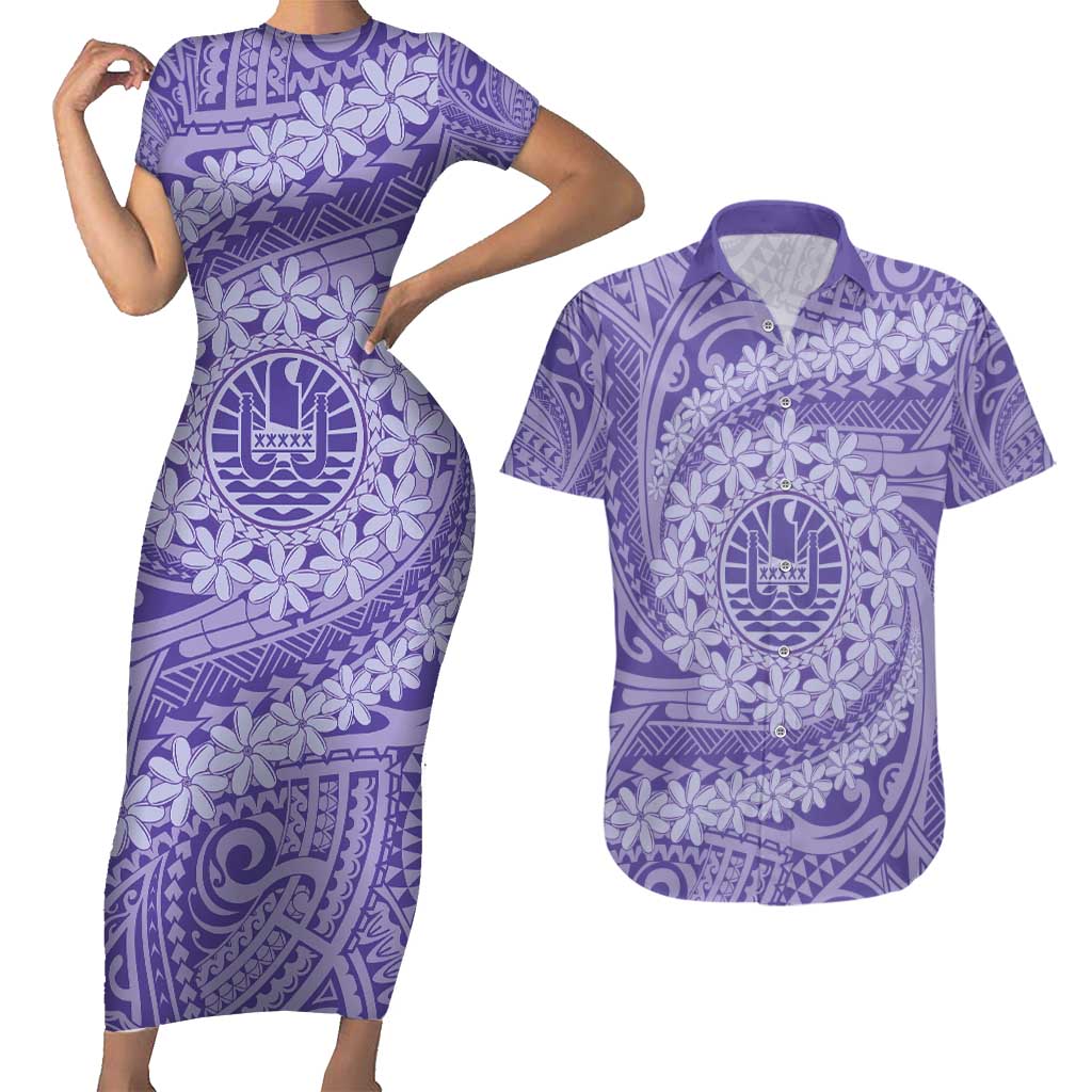 Tahitian Tiare Flower Couples Matching Short Sleeve Bodycon Dress and Hawaiian Shirt Violet Polynesian Pattern LT9 Violet - Polynesian Pride