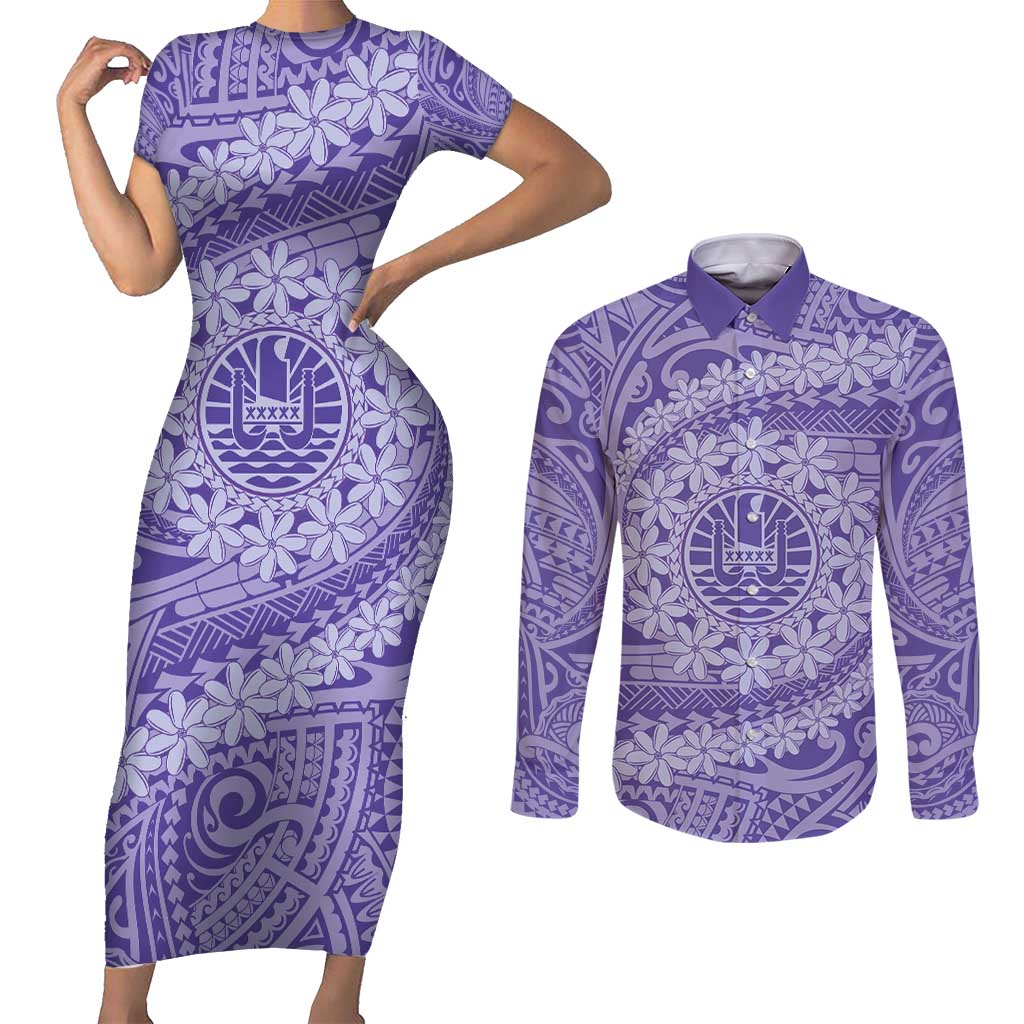 Tahitian Tiare Flower Couples Matching Short Sleeve Bodycon Dress and Long Sleeve Button Shirt Violet Polynesian Pattern LT9 Violet - Polynesian Pride