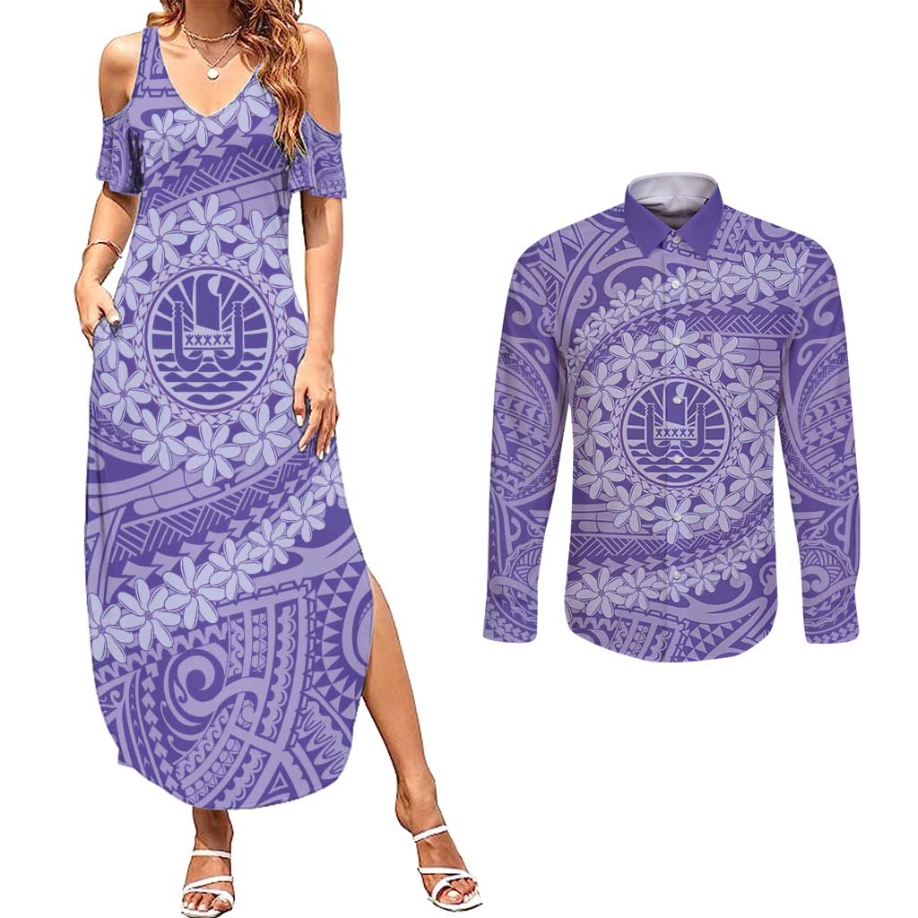 Tahitian Tiare Flower Couples Matching Summer Maxi Dress and Long Sleeve Button Shirt Violet Polynesian Pattern LT9 Violet - Polynesian Pride