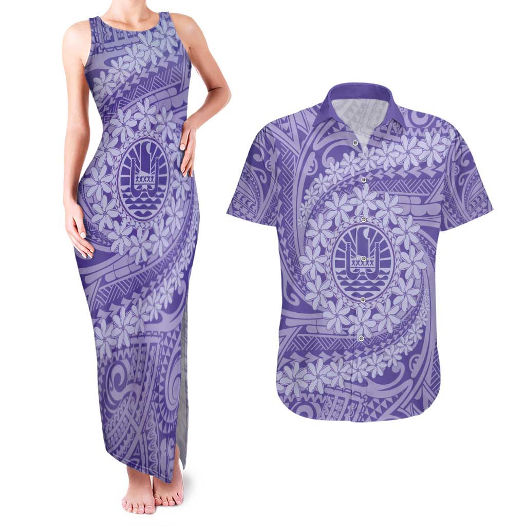 Tahitian Tiare Flower Couples Matching Tank Maxi Dress and Hawaiian Shirt Violet Polynesian Pattern LT9 Violet - Polynesian Pride