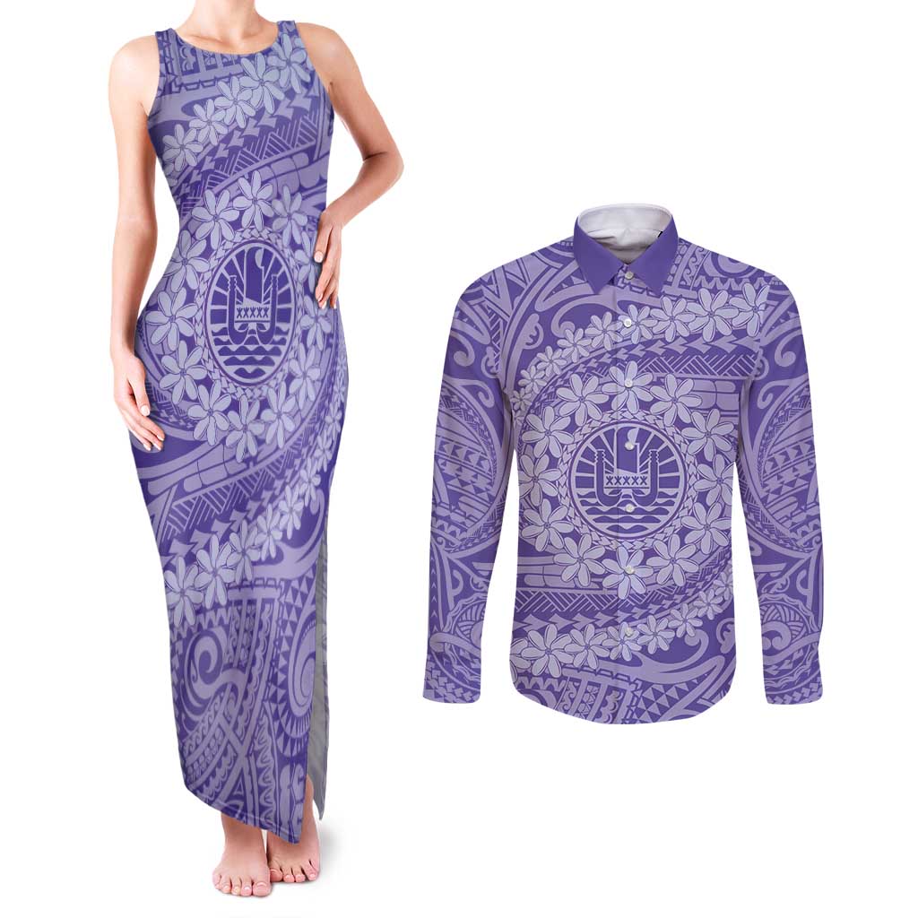 Tahitian Tiare Flower Couples Matching Tank Maxi Dress and Long Sleeve Button Shirt Violet Polynesian Pattern LT9 Violet - Polynesian Pride