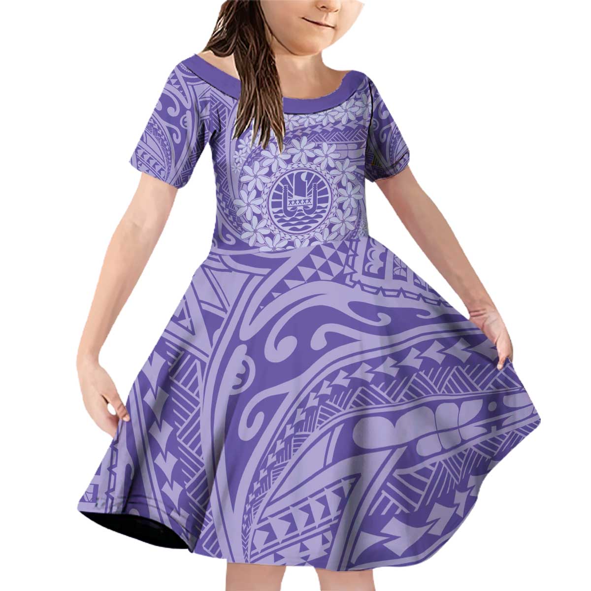 Tahitian Tiare Flower Family Matching Off Shoulder Short Dress and Hawaiian Shirt Violet Polynesian Pattern