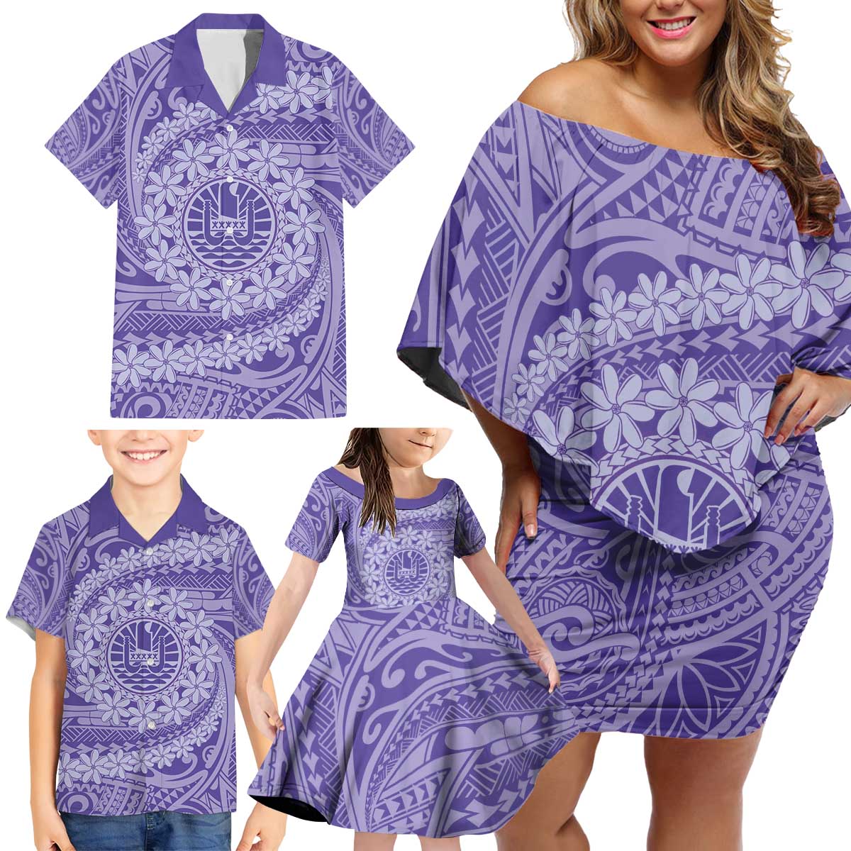 Tahitian Tiare Flower Family Matching Off Shoulder Short Dress and Hawaiian Shirt Violet Polynesian Pattern LT9 - Polynesian Pride