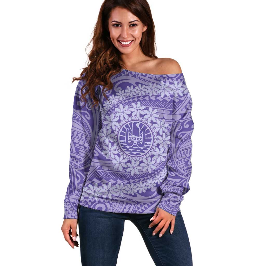 Tahitian Tiare Flower Off Shoulder Sweater Violet Polynesian Pattern LT9 Women Violet - Polynesian Pride