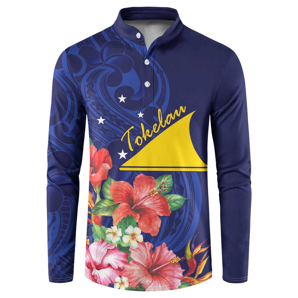 Personalised Tokelau Tropical Hibiscus Button Sweatshirt With Polynesian Plumeria Tattoo LT9 Blue - Polynesian Pride