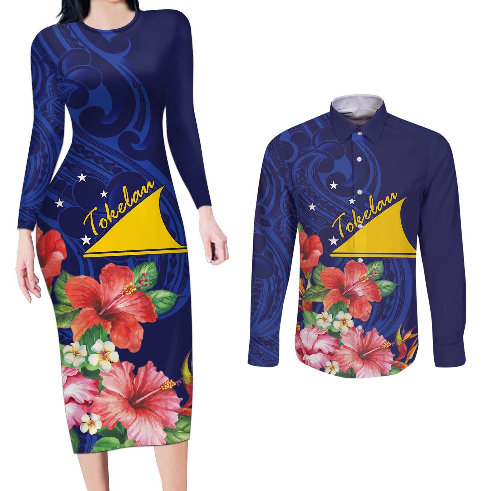 Personalised Tokelau Tropical Hibiscus Couples Matching Long Sleeve Bodycon Dress and Long Sleeve Button Shirt With Polynesian Plumeria Tattoo LT9 Blue - Polynesian Pride