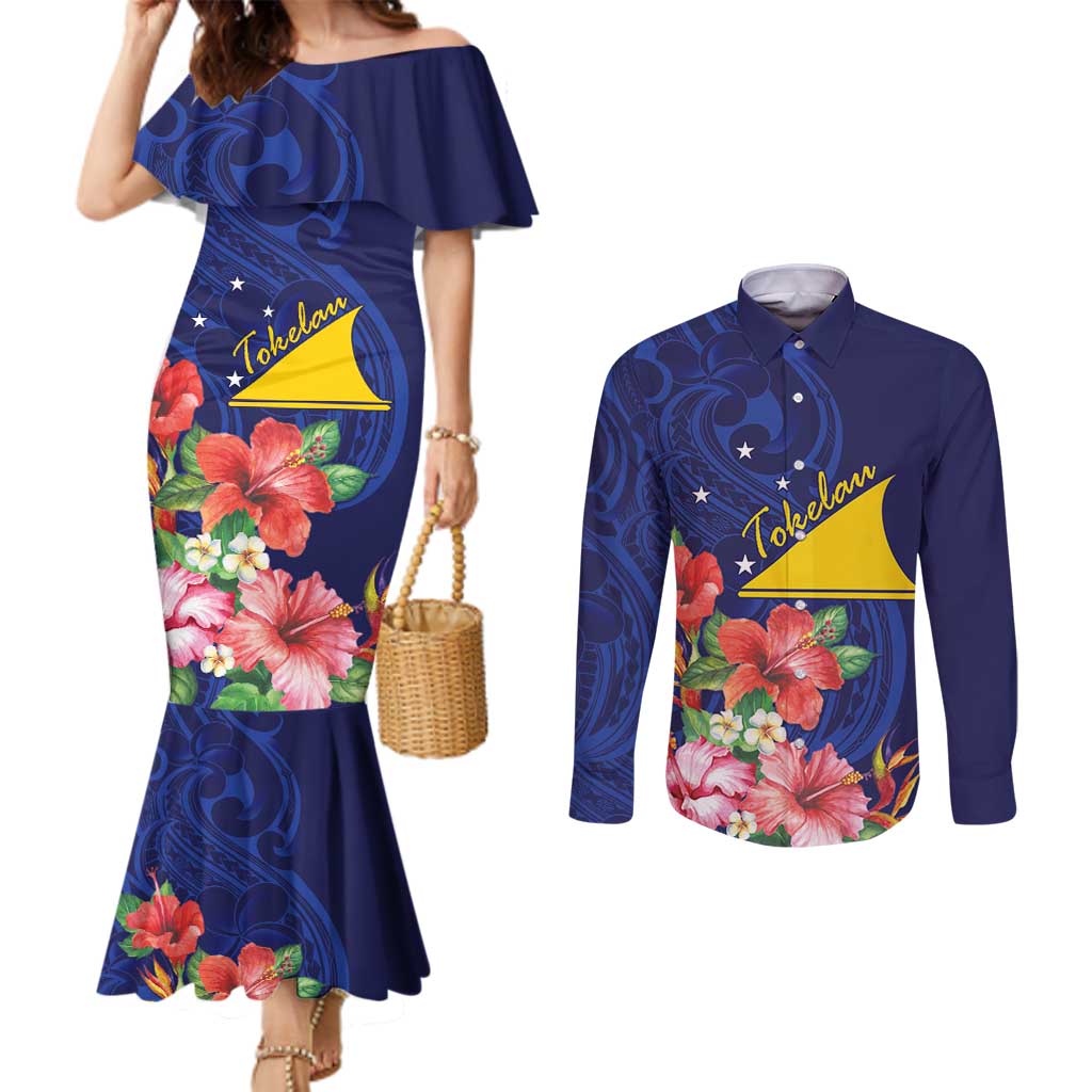 Personalised Tokelau Tropical Hibiscus Couples Matching Mermaid Dress and Long Sleeve Button Shirt With Polynesian Plumeria Tattoo LT9 Blue - Polynesian Pride