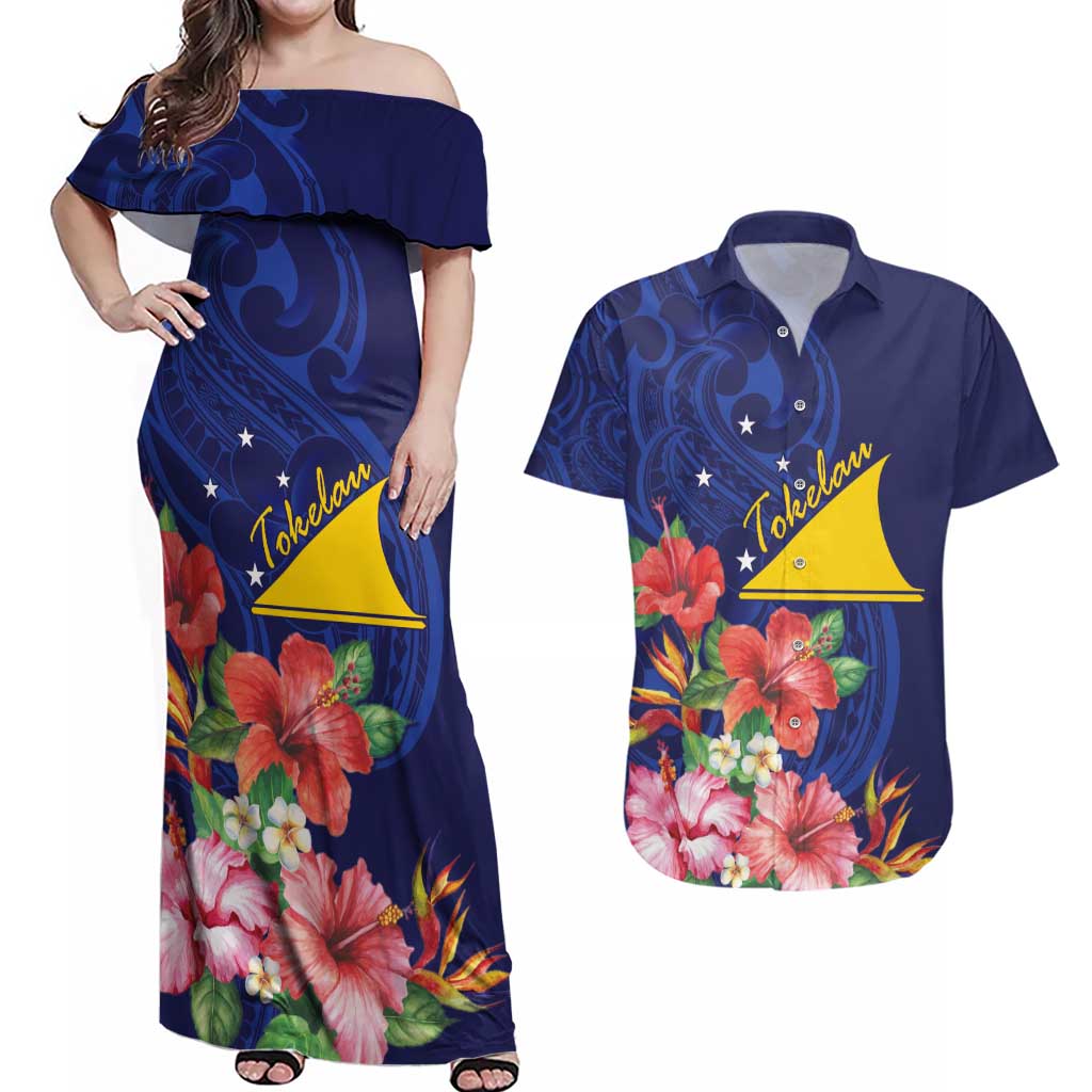 Personalised Tokelau Tropical Hibiscus Couples Matching Off Shoulder Maxi Dress and Hawaiian Shirt With Polynesian Plumeria Tattoo LT9 Blue - Polynesian Pride