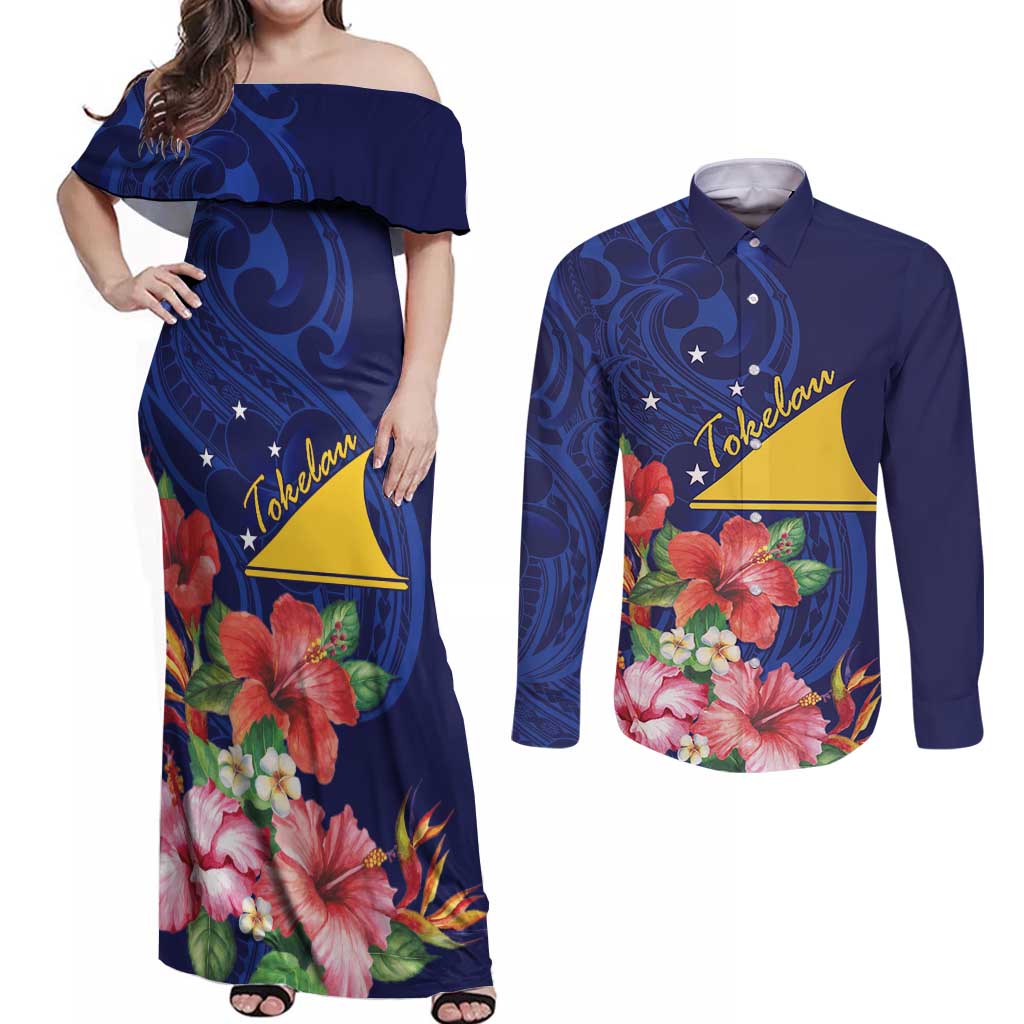 Personalised Tokelau Tropical Hibiscus Couples Matching Off Shoulder Maxi Dress and Long Sleeve Button Shirt With Polynesian Plumeria Tattoo LT9 Blue - Polynesian Pride