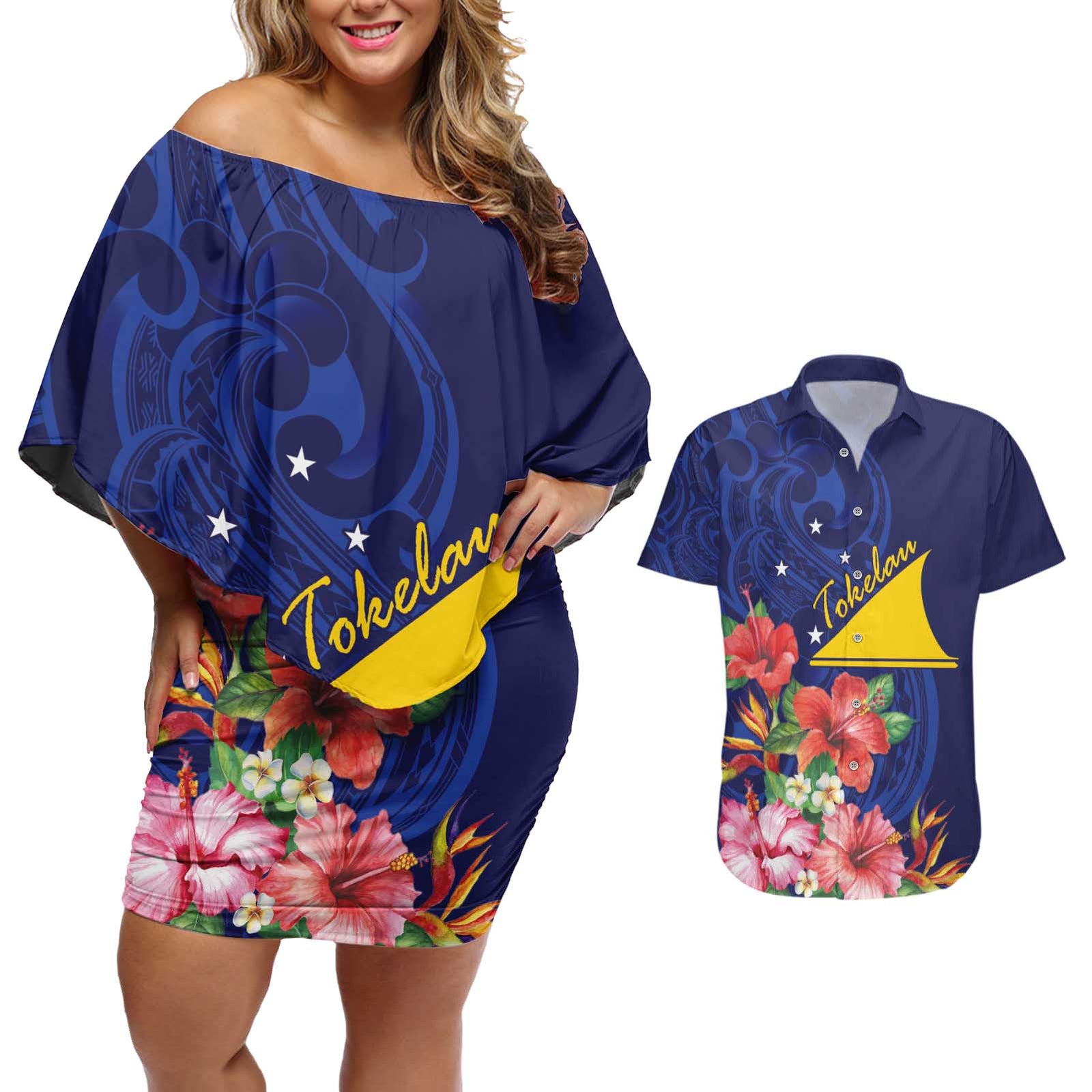 Personalised Tokelau Tropical Hibiscus Couples Matching Off Shoulder Short Dress and Hawaiian Shirt With Polynesian Plumeria Tattoo LT9 Blue - Polynesian Pride