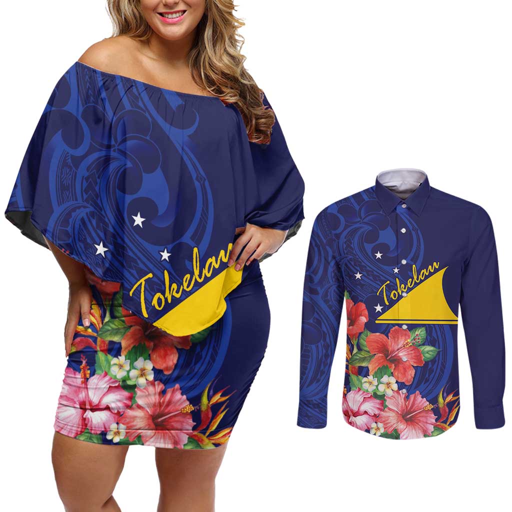 Personalised Tokelau Tropical Hibiscus Couples Matching Off Shoulder Short Dress and Long Sleeve Button Shirt With Polynesian Plumeria Tattoo LT9 Blue - Polynesian Pride