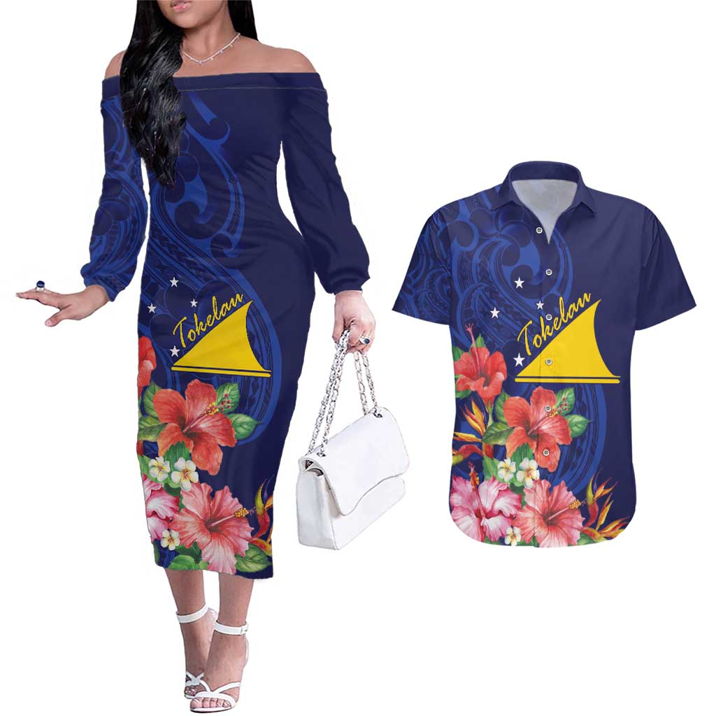 Personalised Tokelau Tropical Hibiscus Couples Matching Off The Shoulder Long Sleeve Dress and Hawaiian Shirt With Polynesian Plumeria Tattoo LT9 Blue - Polynesian Pride