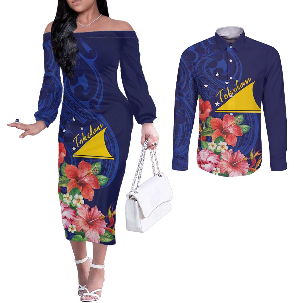 Personalised Tokelau Tropical Hibiscus Couples Matching Off The Shoulder Long Sleeve Dress and Long Sleeve Button Shirt With Polynesian Plumeria Tattoo LT9 Blue - Polynesian Pride