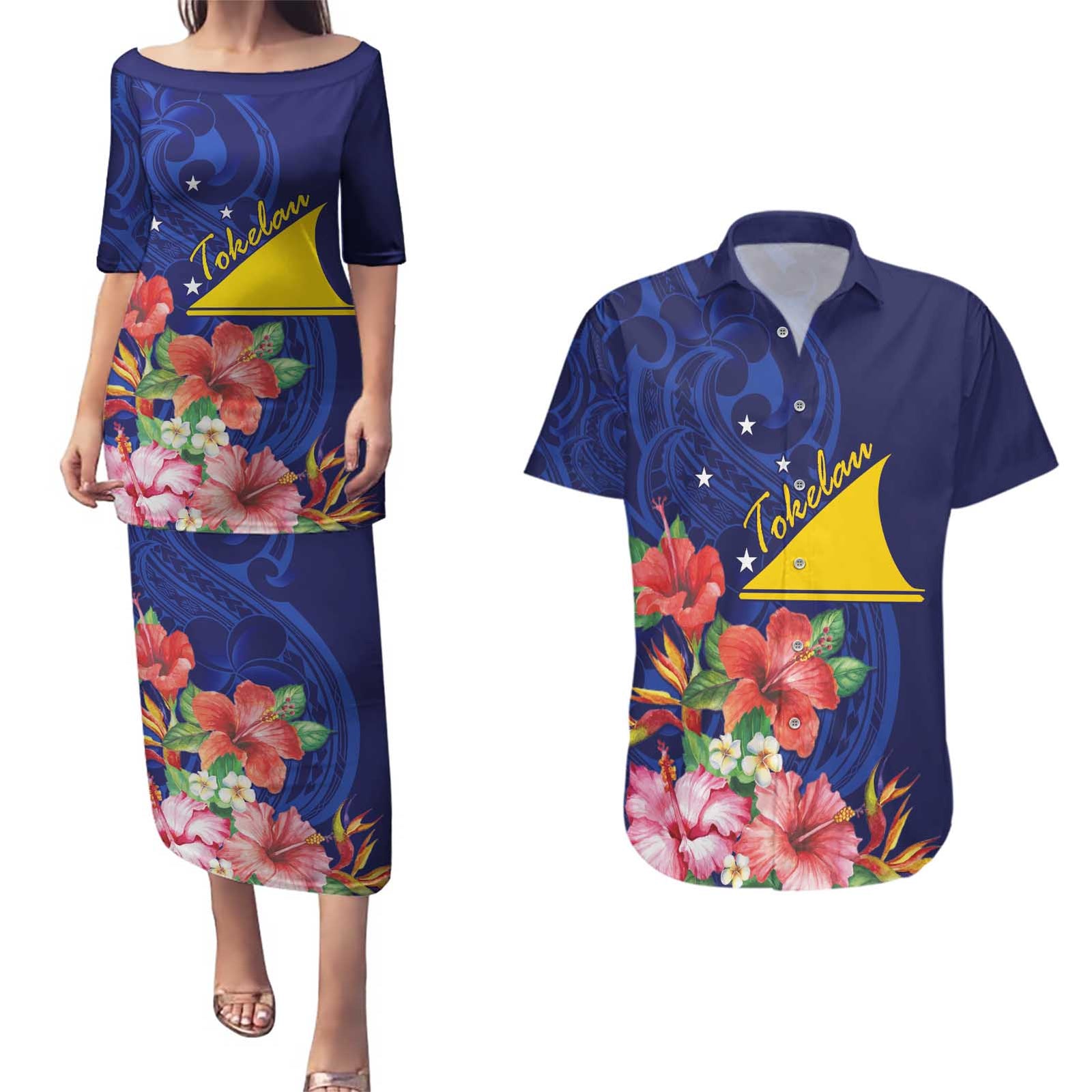 Personalised Tokelau Tropical Hibiscus Couples Matching Puletasi and Hawaiian Shirt With Polynesian Plumeria Tattoo LT9 Blue - Polynesian Pride