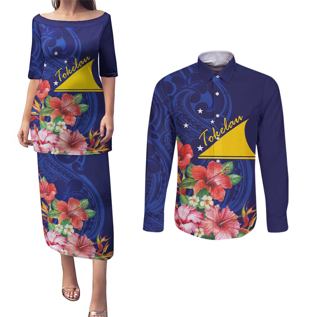 Personalised Tokelau Tropical Hibiscus Couples Matching Puletasi and Long Sleeve Button Shirt With Polynesian Plumeria Tattoo LT9 Blue - Polynesian Pride