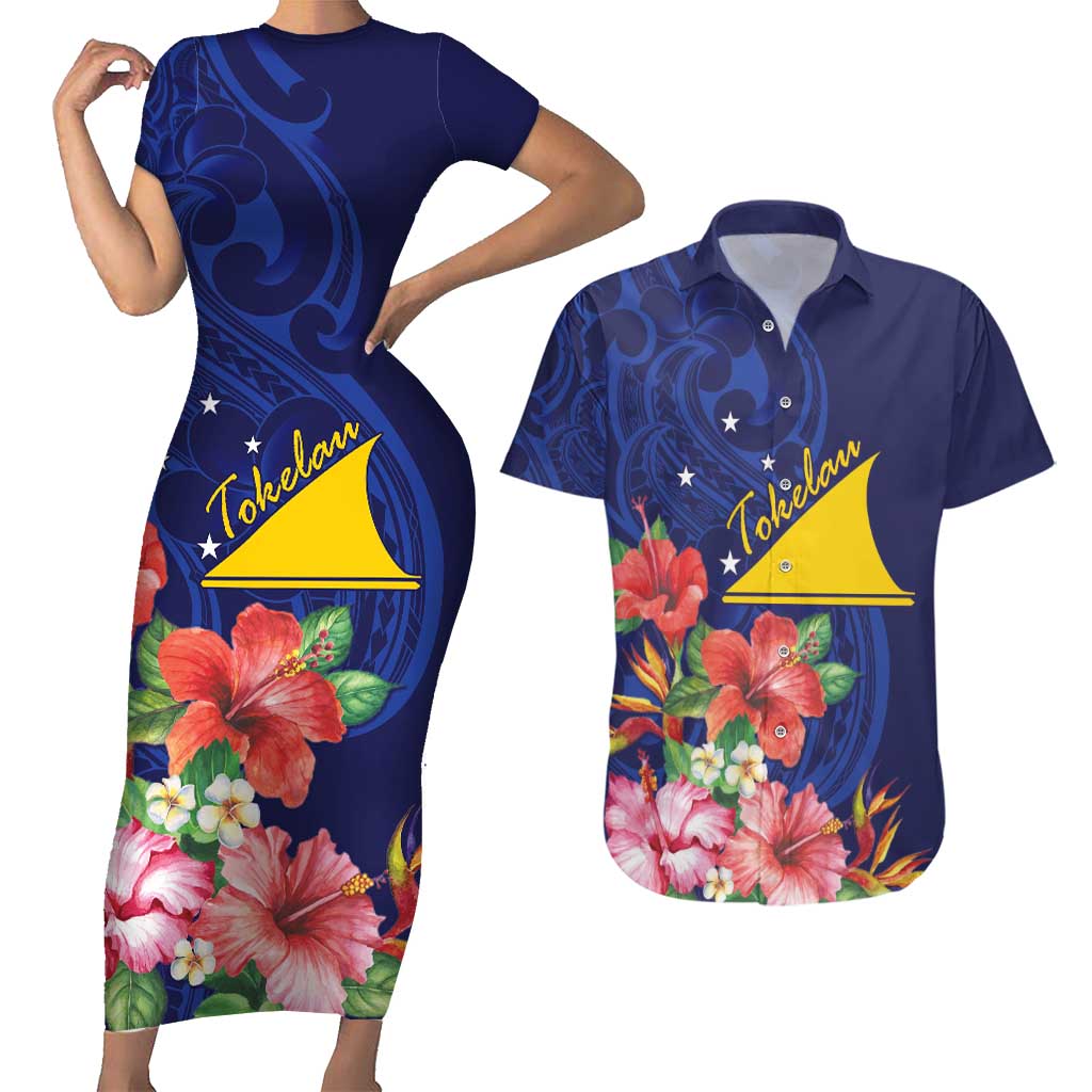 Personalised Tokelau Tropical Hibiscus Couples Matching Short Sleeve Bodycon Dress and Hawaiian Shirt With Polynesian Plumeria Tattoo LT9 Blue - Polynesian Pride