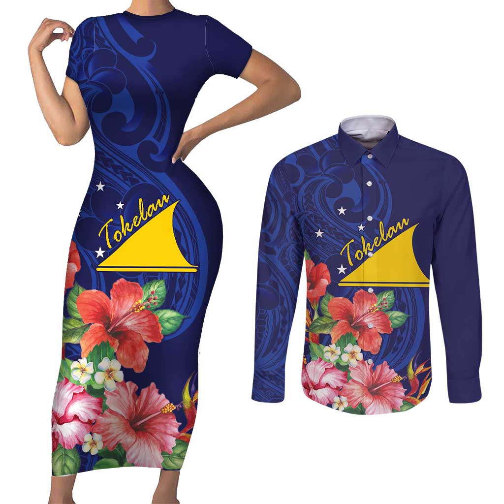 Personalised Tokelau Tropical Hibiscus Couples Matching Short Sleeve Bodycon Dress and Long Sleeve Button Shirt With Polynesian Plumeria Tattoo LT9 Blue - Polynesian Pride