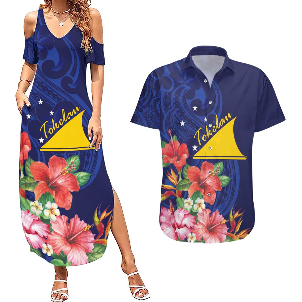 Personalised Tokelau Tropical Hibiscus Couples Matching Summer Maxi Dress and Hawaiian Shirt With Polynesian Plumeria Tattoo LT9 Blue - Polynesian Pride