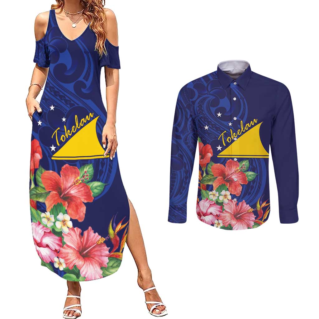 Personalised Tokelau Tropical Hibiscus Couples Matching Summer Maxi Dress and Long Sleeve Button Shirt With Polynesian Plumeria Tattoo LT9 Blue - Polynesian Pride