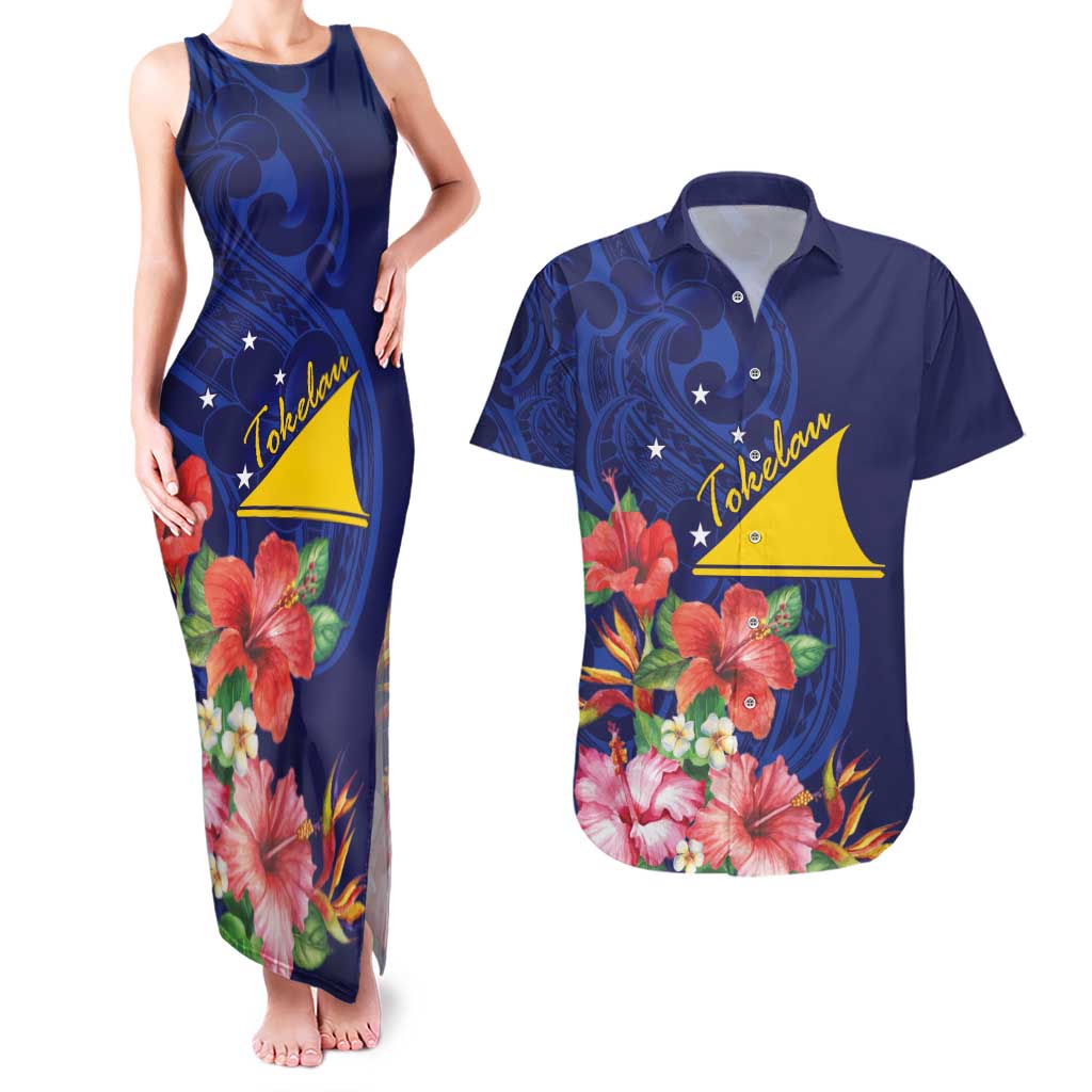 Personalised Tokelau Tropical Hibiscus Couples Matching Tank Maxi Dress and Hawaiian Shirt With Polynesian Plumeria Tattoo LT9 Blue - Polynesian Pride
