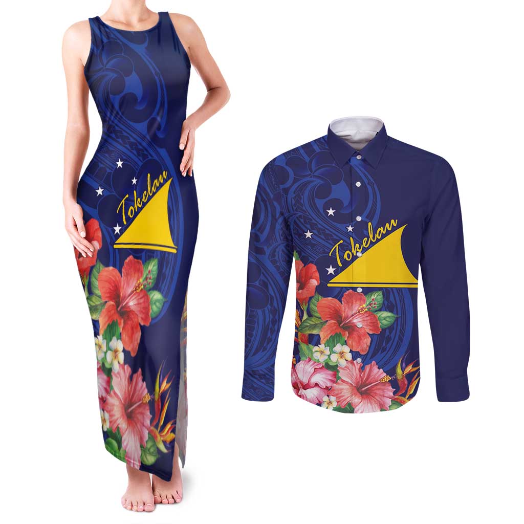 Personalised Tokelau Tropical Hibiscus Couples Matching Tank Maxi Dress and Long Sleeve Button Shirt With Polynesian Plumeria Tattoo LT9 Blue - Polynesian Pride