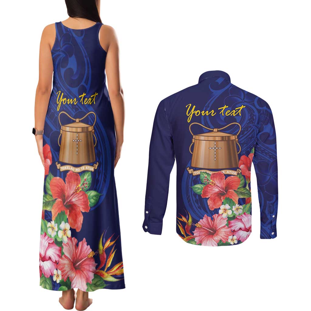 Personalised Tokelau Tropical Hibiscus Couples Matching Tank Maxi Dress and Long Sleeve Button Shirt With Polynesian Plumeria Tattoo