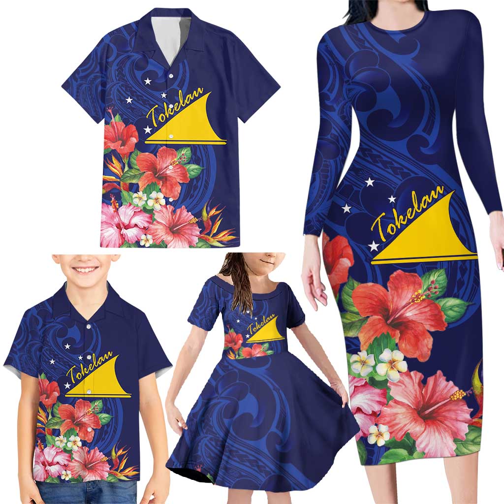 Personalised Tokelau Tropical Hibiscus Family Matching Long Sleeve Bodycon Dress and Hawaiian Shirt With Polynesian Plumeria Tattoo LT9 - Polynesian Pride