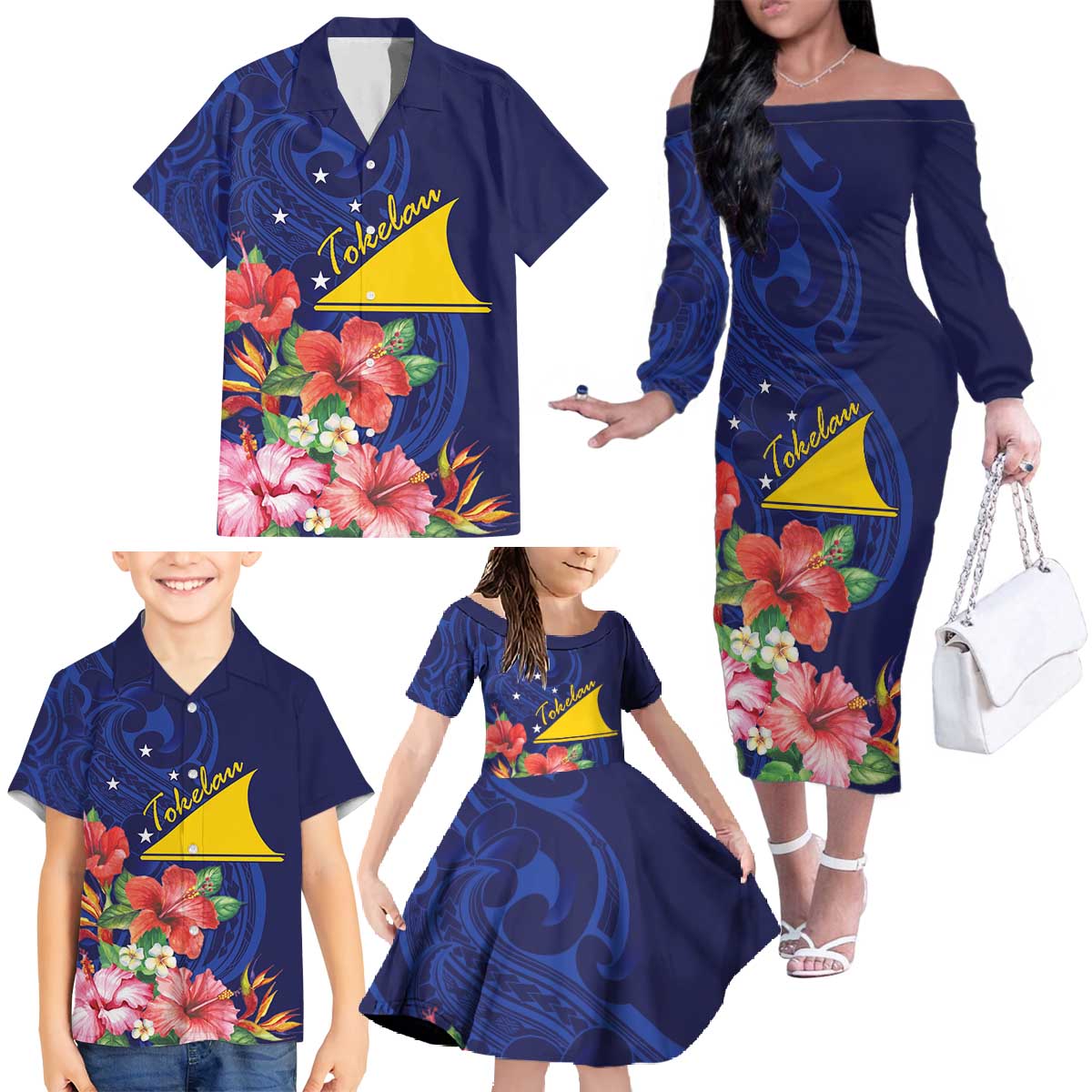 Personalised Tokelau Tropical Hibiscus Family Matching Off The Shoulder Long Sleeve Dress and Hawaiian Shirt With Polynesian Plumeria Tattoo LT9 - Polynesian Pride
