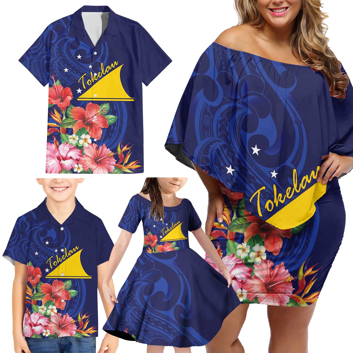 Personalised Tokelau Tropical Hibiscus Family Matching Off Shoulder Short Dress and Hawaiian Shirt With Polynesian Plumeria Tattoo LT9 - Polynesian Pride