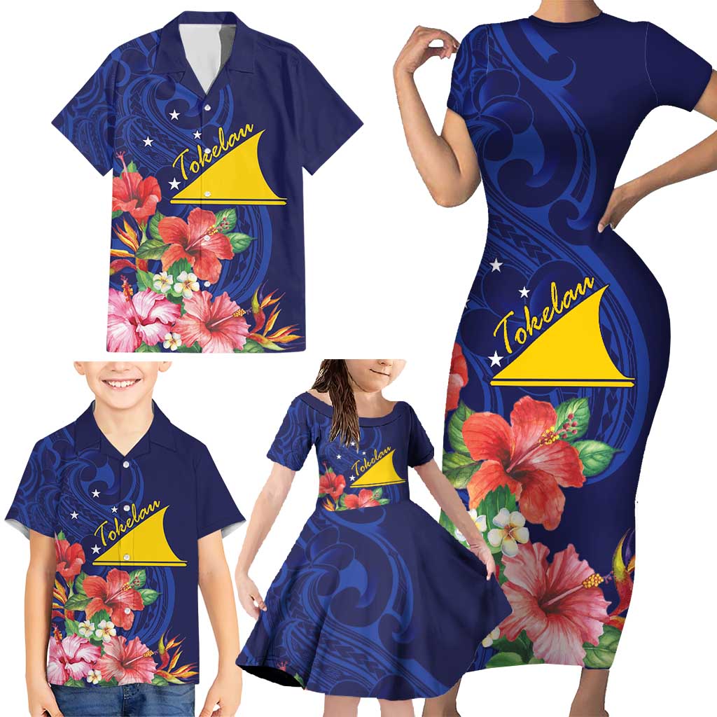 Personalised Tokelau Tropical Hibiscus Family Matching Short Sleeve Bodycon Dress and Hawaiian Shirt With Polynesian Plumeria Tattoo LT9 - Polynesian Pride