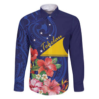 Personalised Tokelau Tropical Hibiscus Family Matching Tank Maxi Dress and Hawaiian Shirt With Polynesian Plumeria Tattoo LT9 Dad's Shirt - Long Sleeve Blue - Polynesian Pride