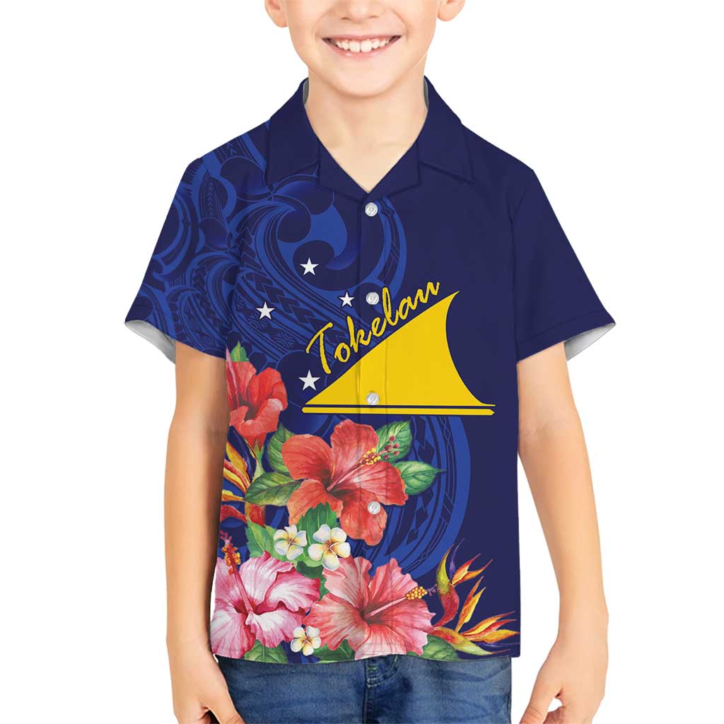 Personalised Tokelau Tropical Hibiscus Family Matching Tank Maxi Dress and Hawaiian Shirt With Polynesian Plumeria Tattoo LT9 Son's Shirt Blue - Polynesian Pride