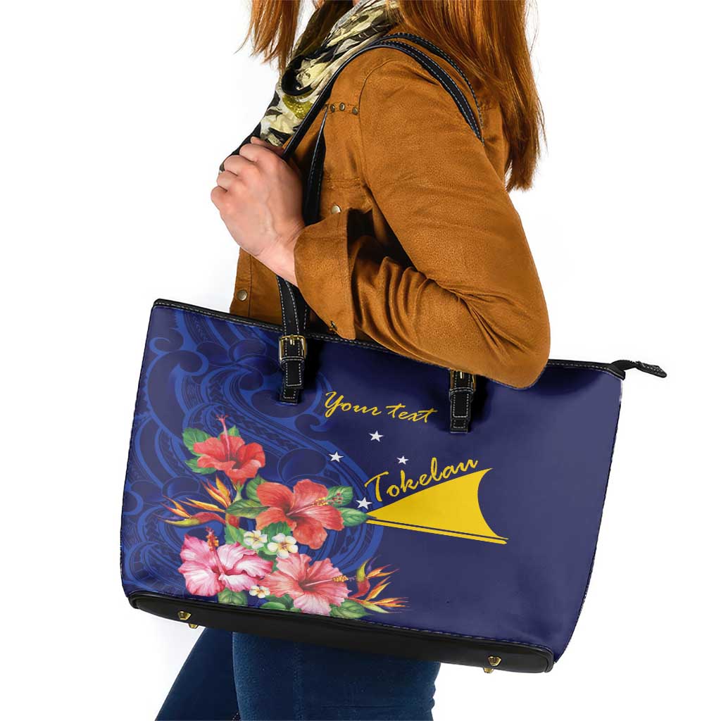 Personalised Tokelau Tropical Hibiscus Leather Tote Bag With Polynesian Plumeria Tattoo LT9 Blue - Polynesian Pride