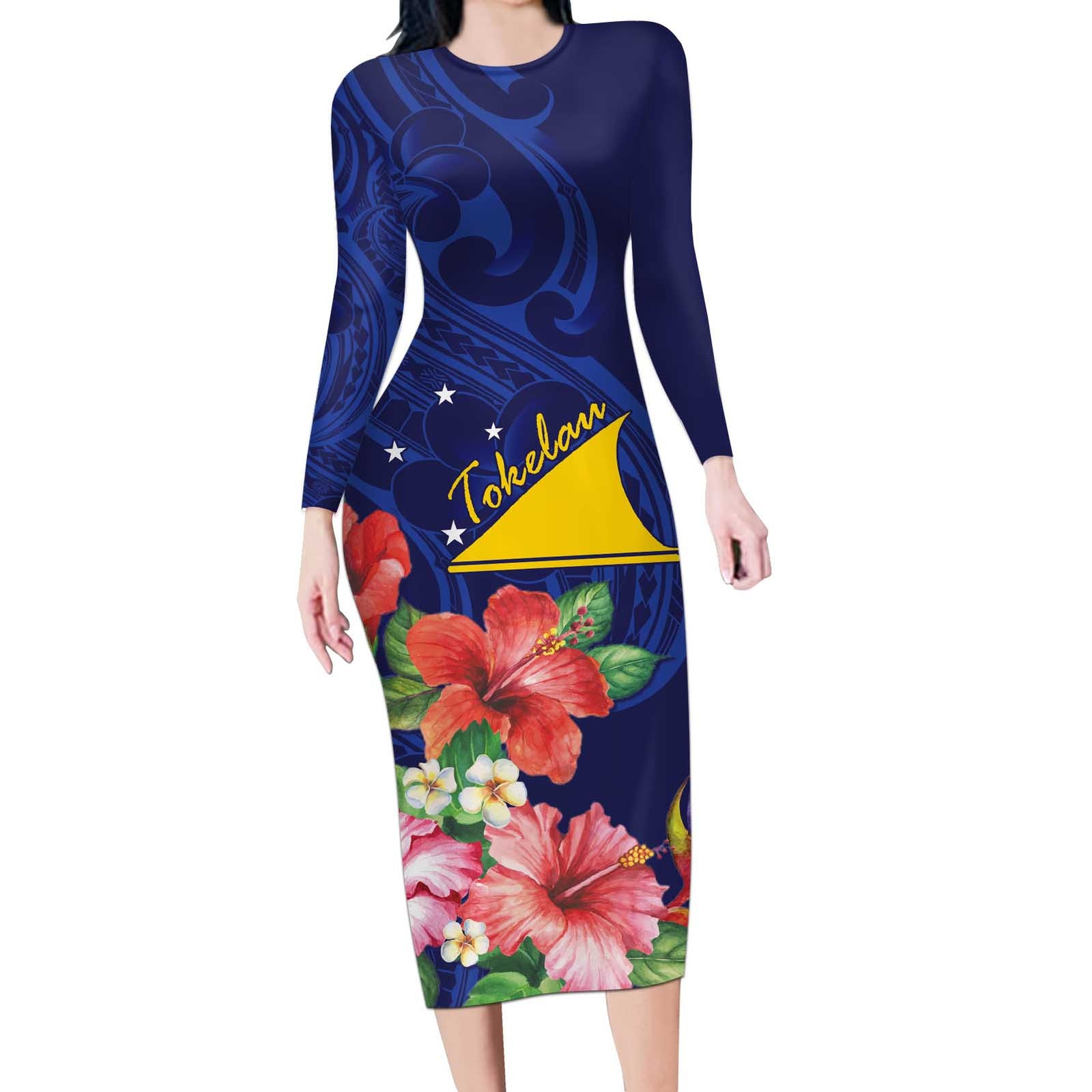 Personalised Tokelau Tropical Hibiscus Long Sleeve Bodycon Dress With Polynesian Plumeria Tattoo LT9 Long Dress Blue - Polynesian Pride