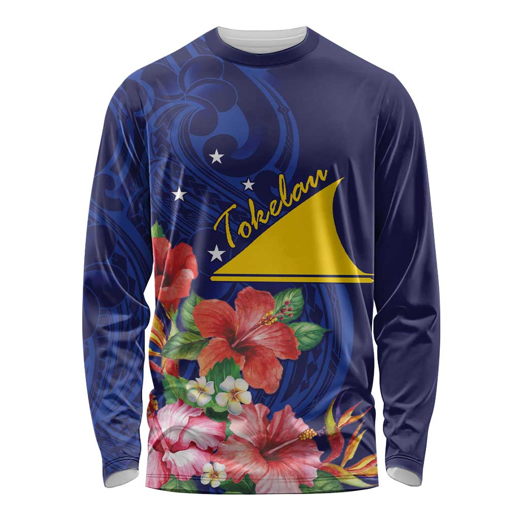 Personalised Tokelau Tropical Hibiscus Long Sleeve Shirt With Polynesian Plumeria Tattoo LT9 Unisex Blue - Polynesian Pride