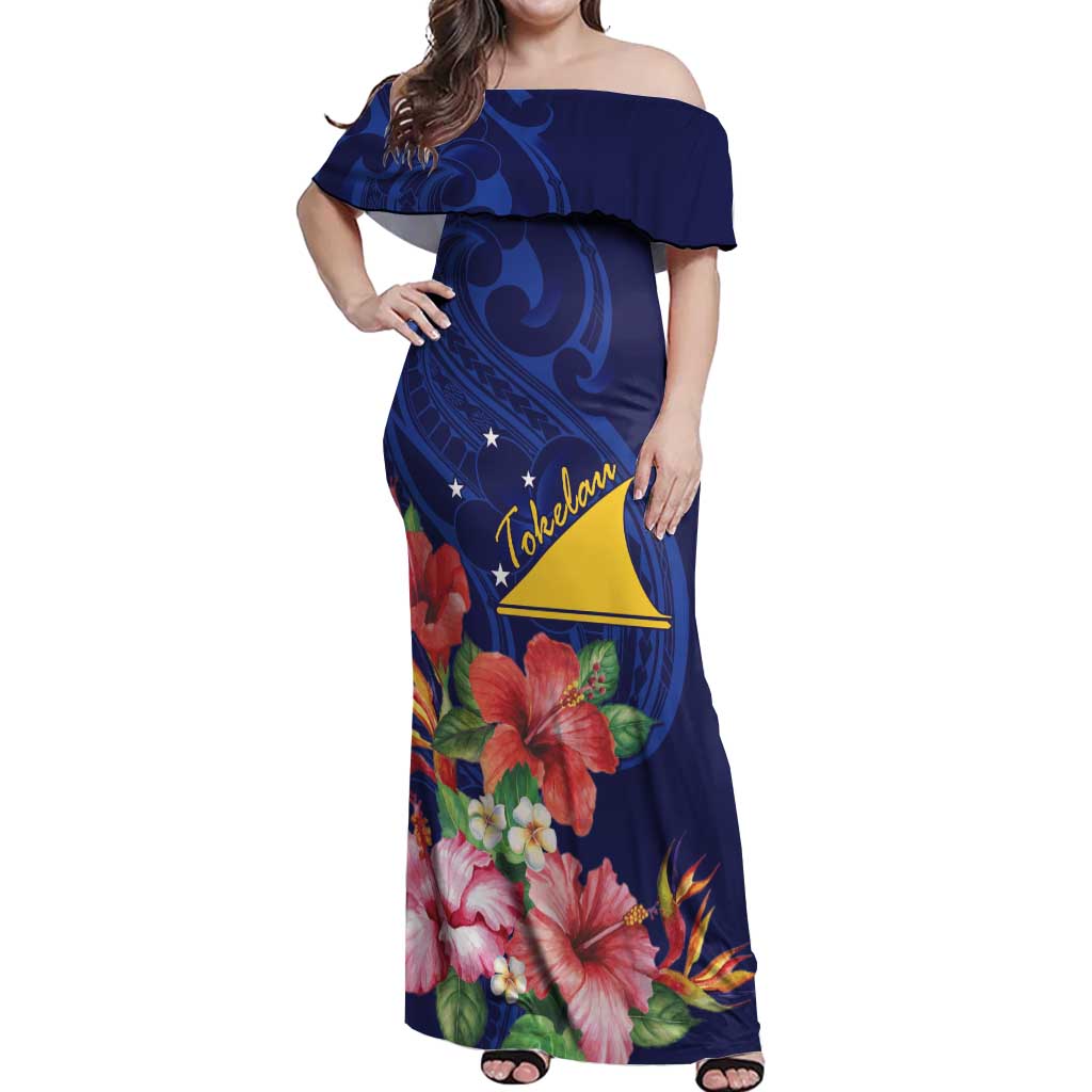 Personalised Tokelau Tropical Hibiscus Off Shoulder Maxi Dress With Polynesian Plumeria Tattoo LT9 Women Blue - Polynesian Pride