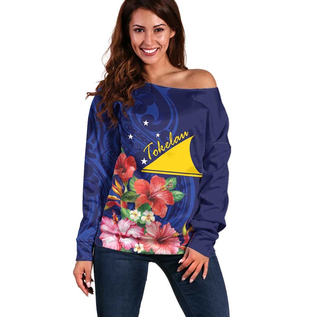 Personalised Tokelau Tropical Hibiscus Off Shoulder Sweater With Polynesian Plumeria Tattoo LT9 Women Blue - Polynesian Pride