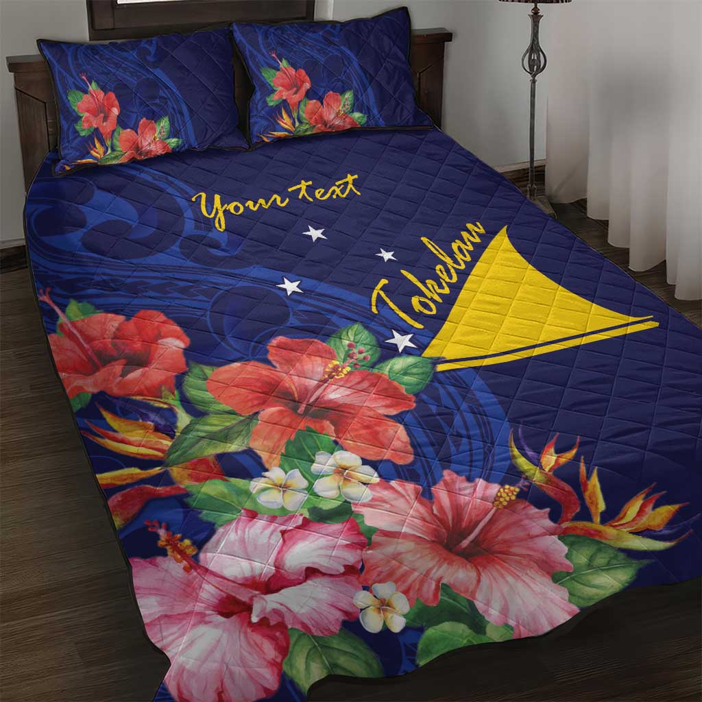 Personalised Tokelau Tropical Hibiscus Quilt Bed Set With Polynesian Plumeria Tattoo LT9 Blue - Polynesian Pride