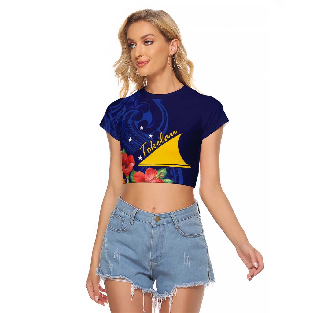 Personalised Tokelau Tropical Hibiscus Raglan Cropped T Shirt With Polynesian Plumeria Tattoo LT9 Female Blue - Polynesian Pride