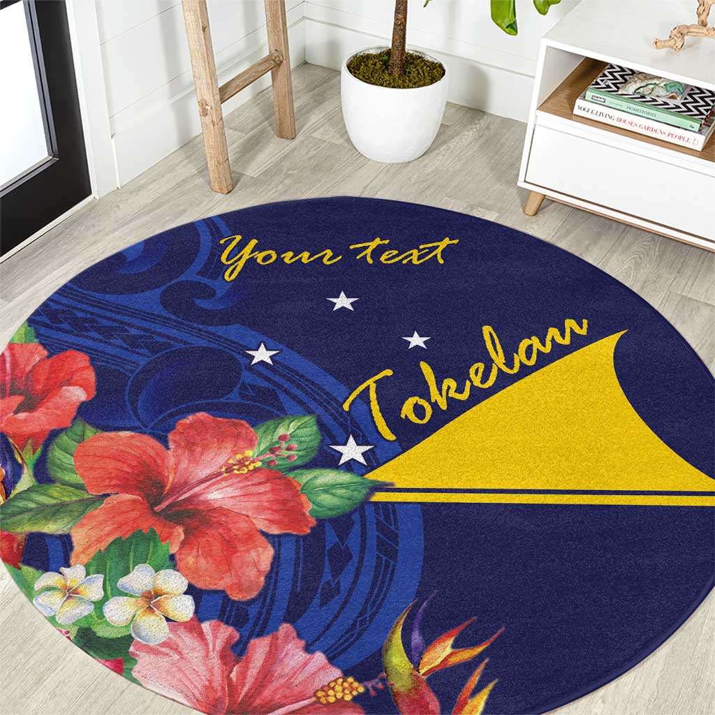 Personalised Tokelau Tropical Hibiscus Round Carpet With Polynesian Plumeria Tattoo LT9 Blue - Polynesian Pride