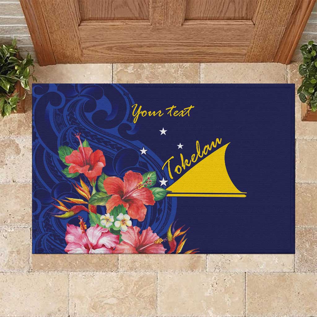 Personalised Tokelau Tropical Hibiscus Rubber Doormat With Polynesian Plumeria Tattoo LT9 Blue - Polynesian Pride