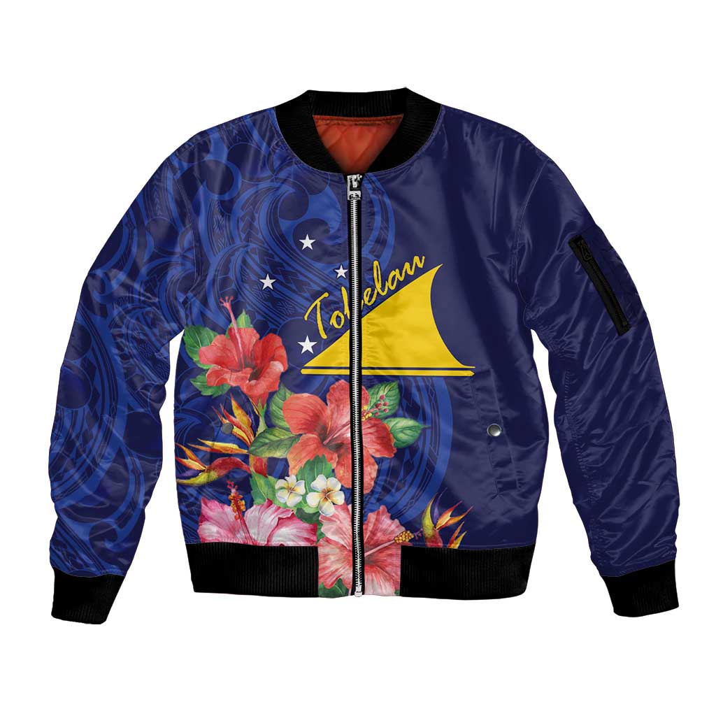 Personalised Tokelau Tropical Hibiscus Sleeve Zip Bomber Jacket With Polynesian Plumeria Tattoo LT9 Unisex Blue - Polynesian Pride