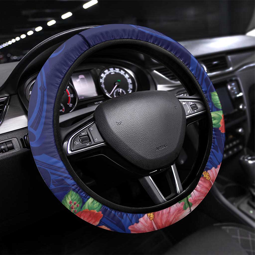 Tokelau Tropical Hibiscus Steering Wheel Cover With Polynesian Plumeria Tattoo LT9 Universal Fit Blue - Polynesian Pride