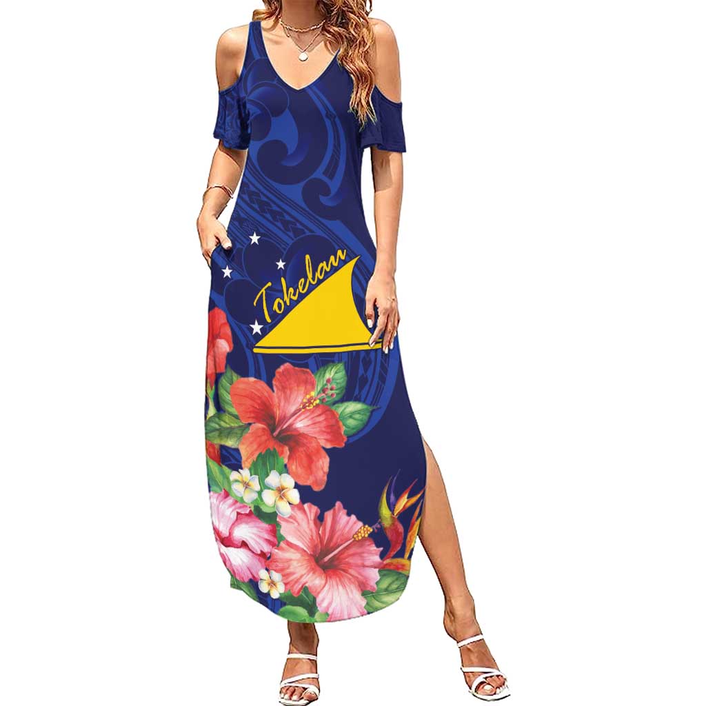 Personalised Tokelau Tropical Hibiscus Summer Maxi Dress With Polynesian Plumeria Tattoo LT9 Women Blue - Polynesian Pride