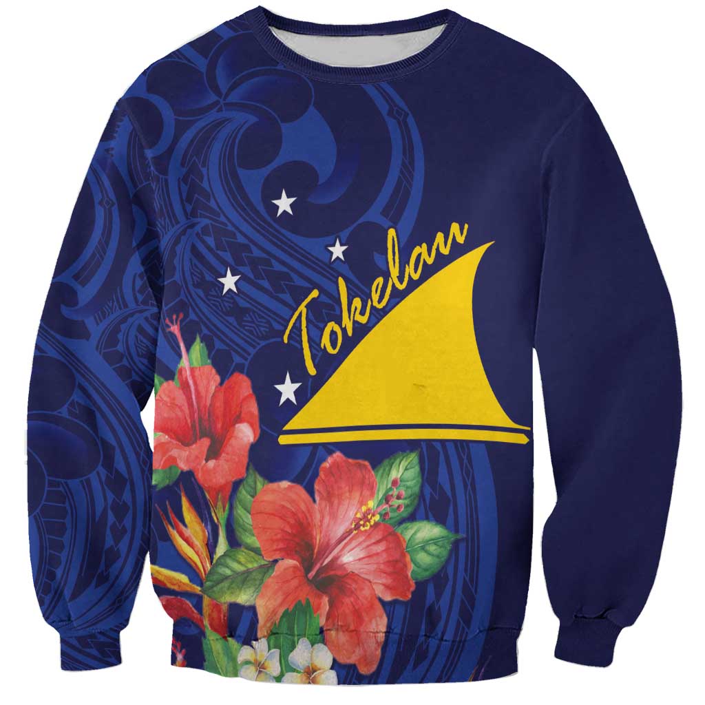 Personalised Tokelau Tropical Hibiscus Sweatshirt With Polynesian Plumeria Tattoo LT9 Unisex Blue - Polynesian Pride