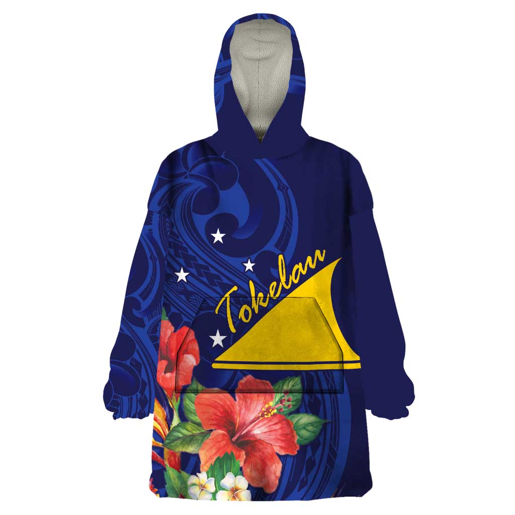 Personalised Tokelau Tropical Hibiscus Wearable Blanket Hoodie With Polynesian Plumeria Tattoo LT9 One Size Blue - Polynesian Pride